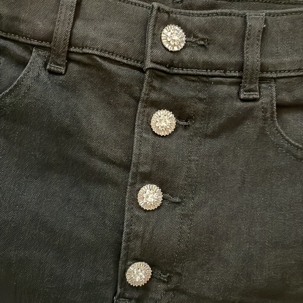 Express Midi Super High Rise Shorts with Rhinestone Buttons - Picture 2 of 5